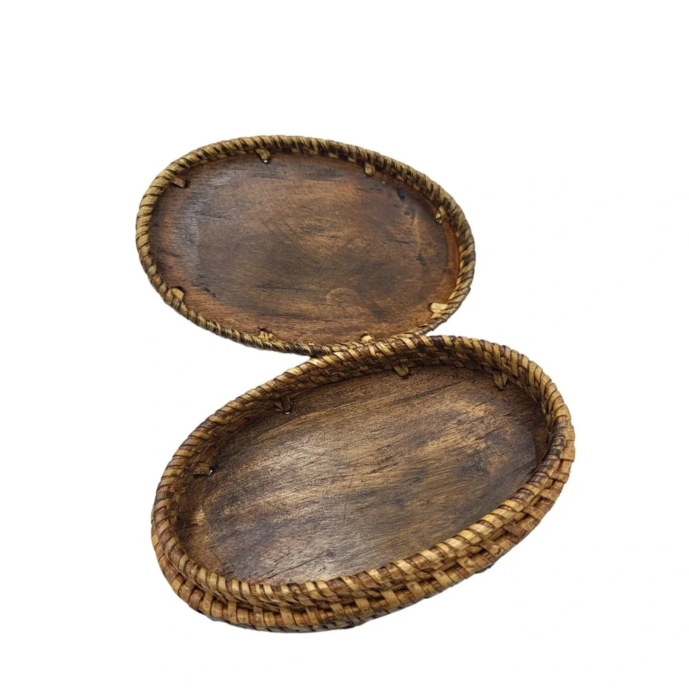 Vintage Wooden Rattan Trim Footed Trinket Box Hand Carved Fish Hinged Wicker Lid
